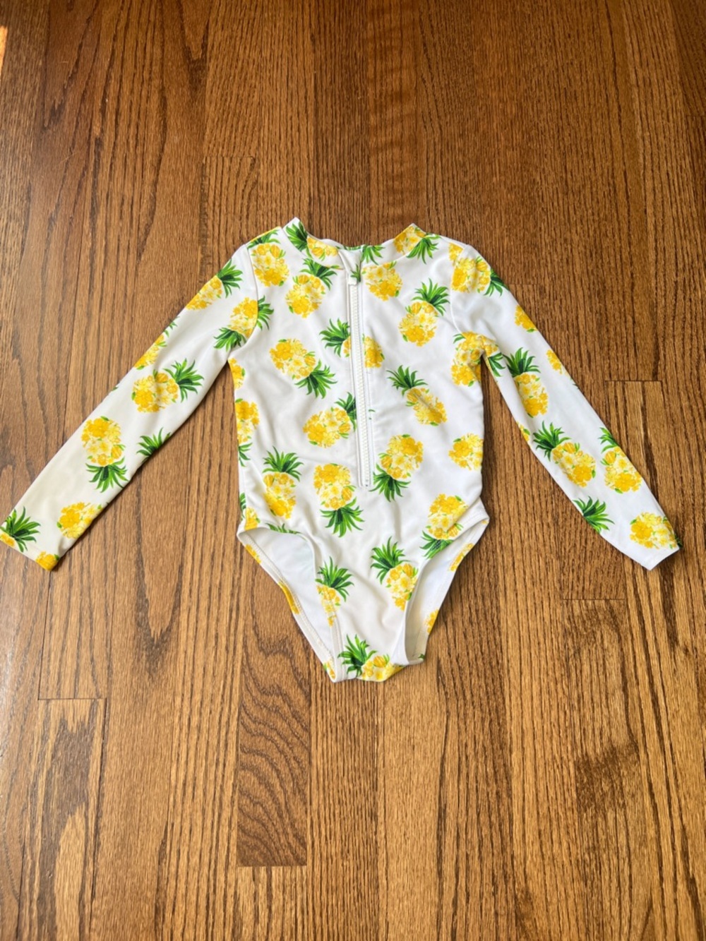 Old Navy Girls White Long-Sleeve One-Piece Swimsuit with Yellow Pineapple Print